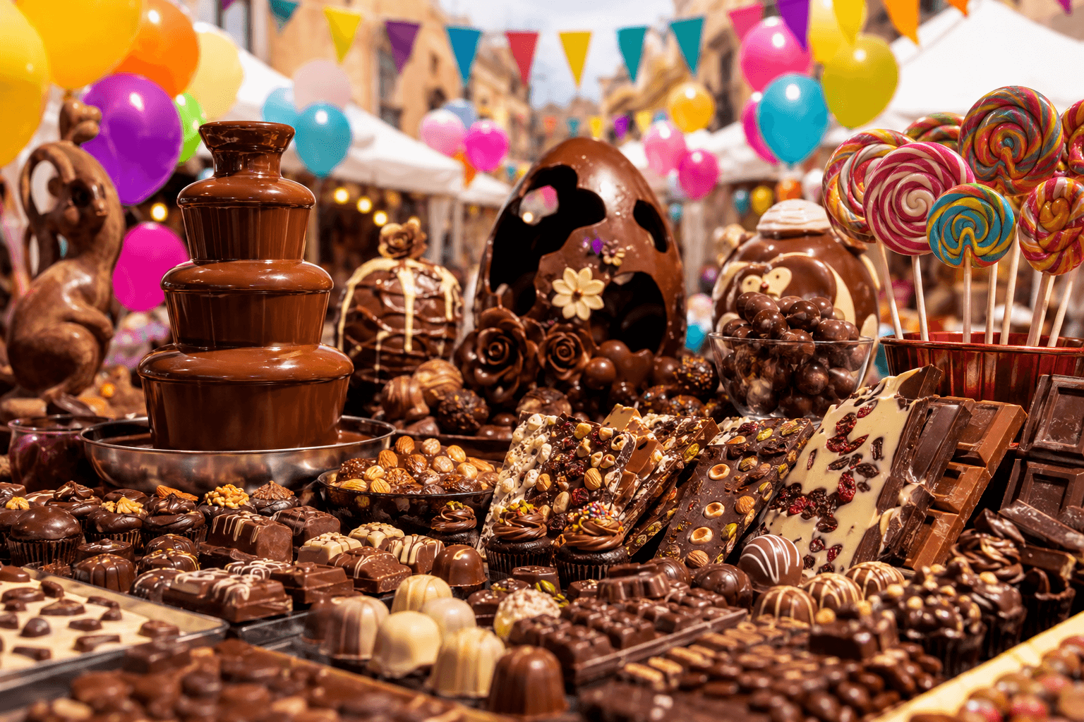Colourful chocolate display with chocolate fountains, handmade sweets and decorations representing the Ħamrun Chocolate Festival.