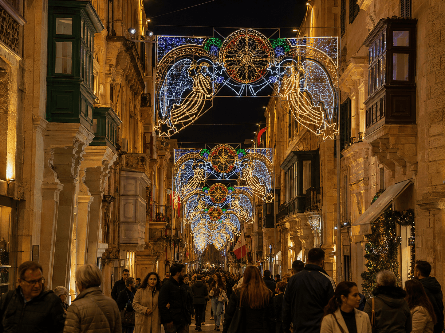 Christmas lights illuminating a busy street in Valletta during Christmas in the Capital.