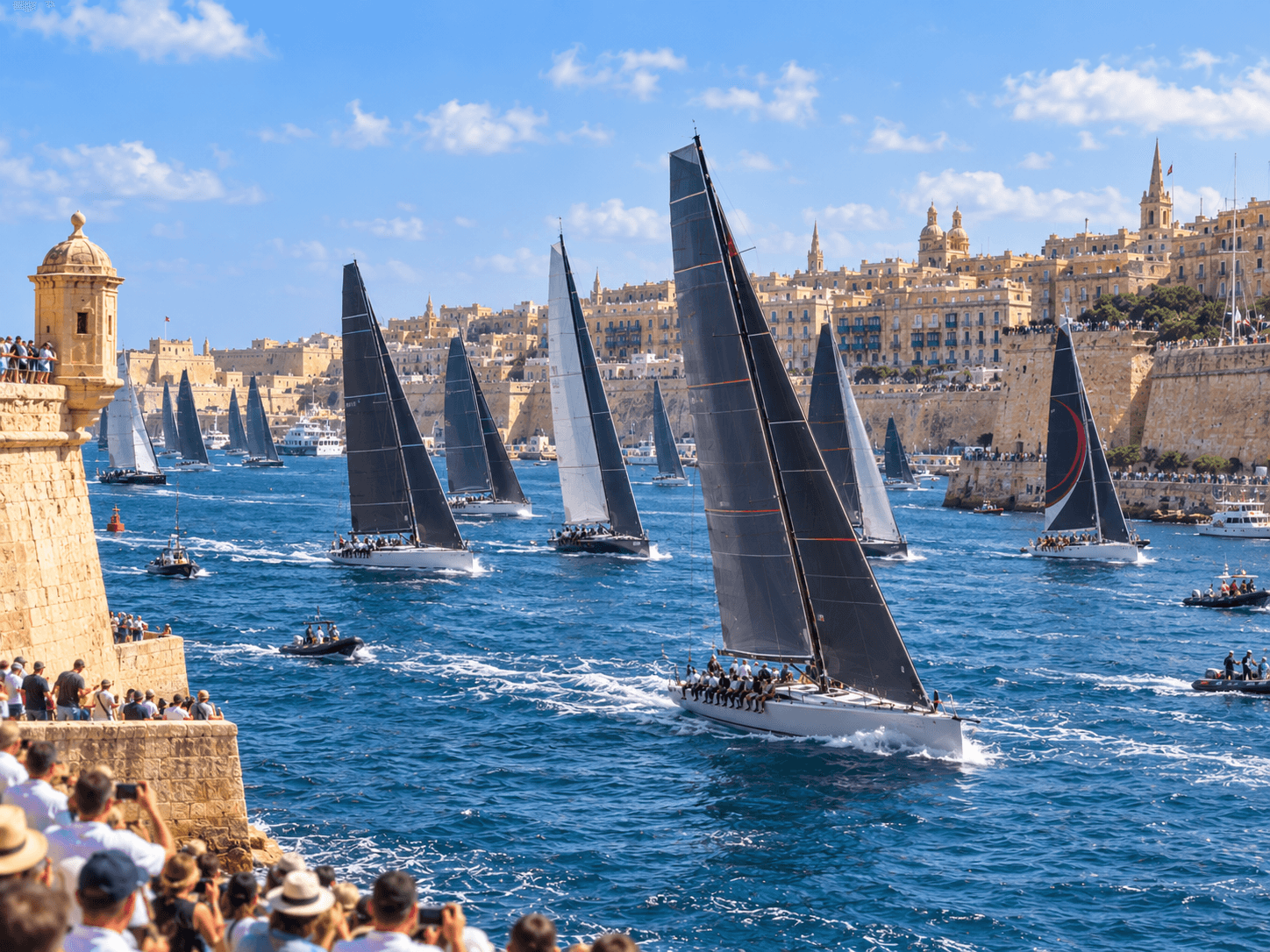 Racing yachts departing Malta’s Grand Harbour during the Rolex Middle Sea Race, watched by spectators from the historic fortifications.